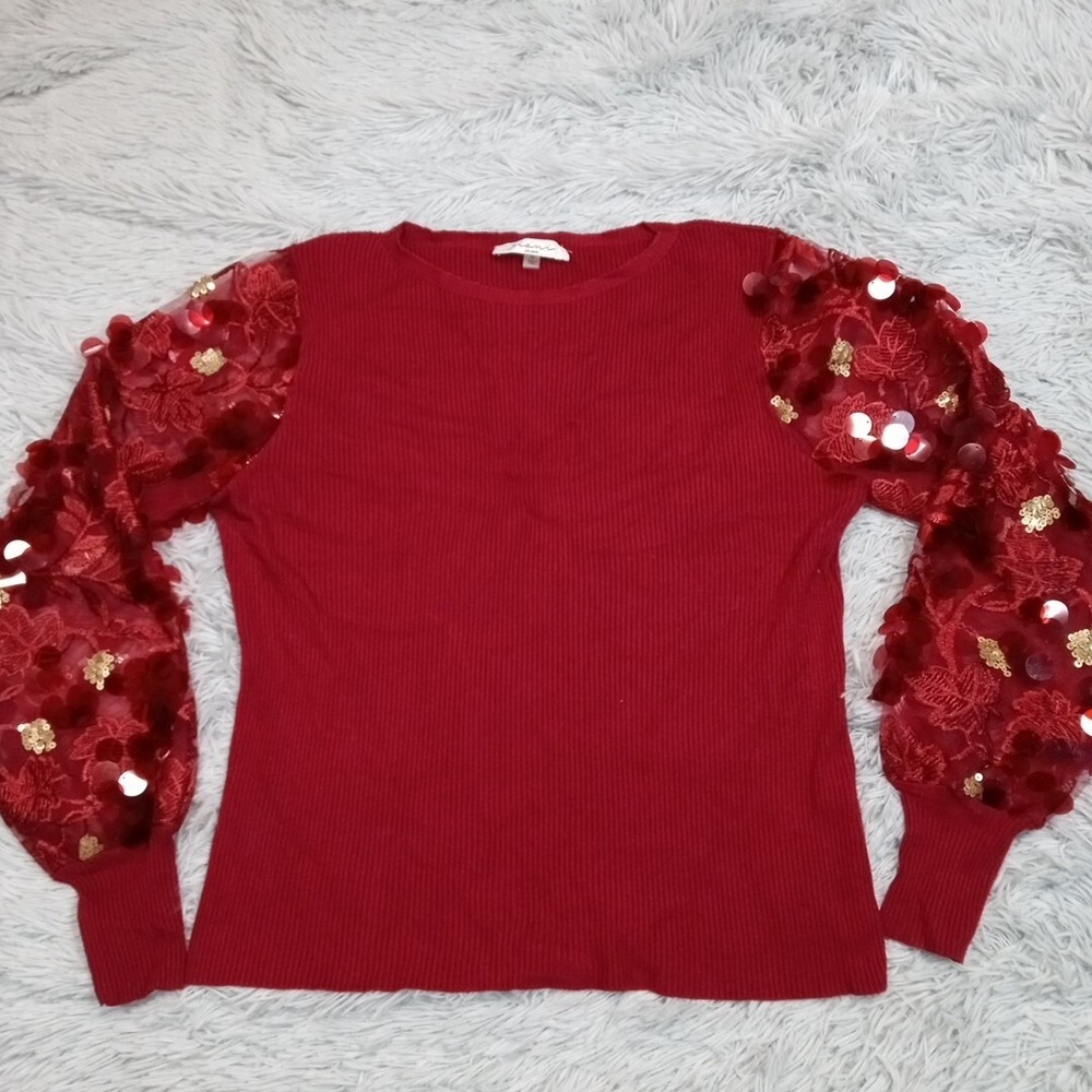 Siani Milano Shirt Womens S Red Blouse Sheer Sleeve Sparkly Top Evening New